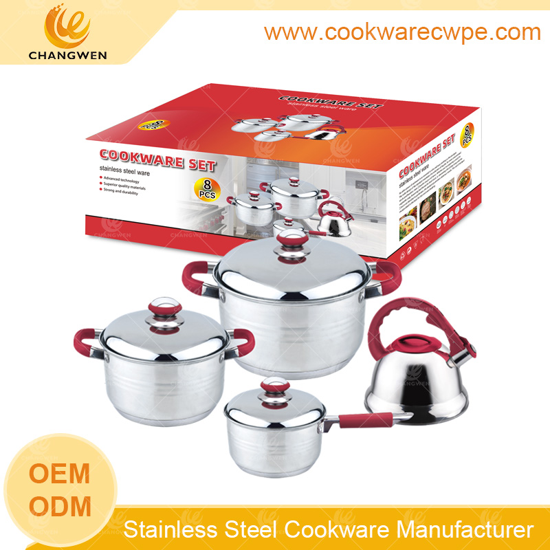 Customized 8pcs S/S cookware set with whisting kettle frying pan saucepan induction hollow handle covered silicone capsule bottom CW51002-08Y01