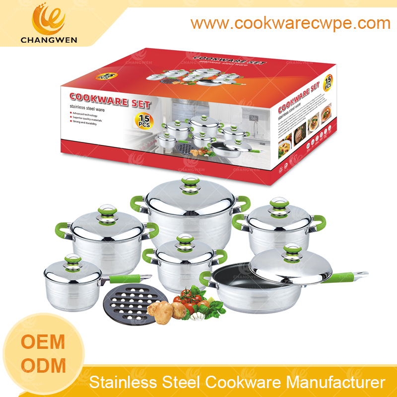 pot and pan wok saucepan frying pan 15pcs stainless steel cookware set with 7-stepped bottom Belly shape OEM factory  CW51002-15Y01