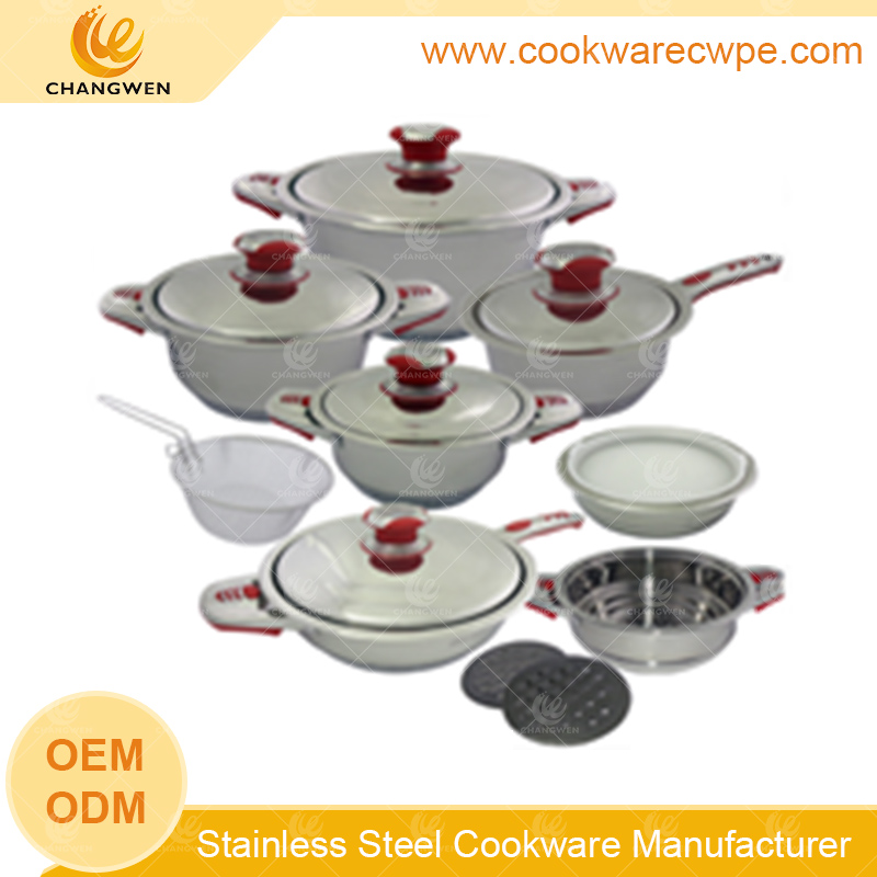 wholesale kitchen cookware stainless steel pots set cookware set pots and pans S/S lid impacting logo at bottom cookware factory CW51006-16N02