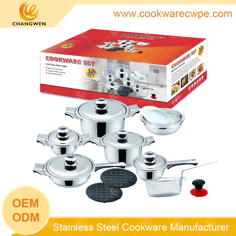 Wholesale 17pcs frying pan stainless steel cookware set pot set wide edge cookware supplier CW51008-17N01